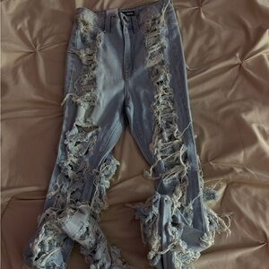 Fashion Nova Shredded Light Blue Jeans